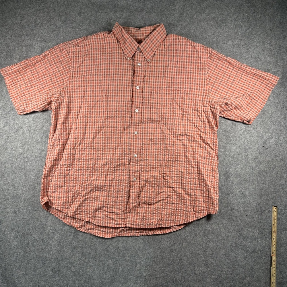 Izod Seersucker Button Down Shirt XXL Orange Plaid Cotton Short Sleeve